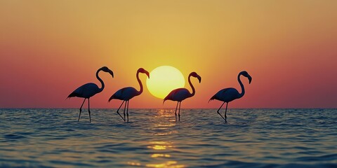 Naklejka premium Silhouette of flamingos at sunset over serene ocean. 