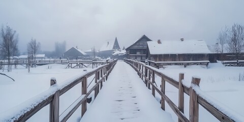 Snowy wooden bridge in a winter day.