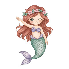 Watercolor Mermaid Character with Long Hair