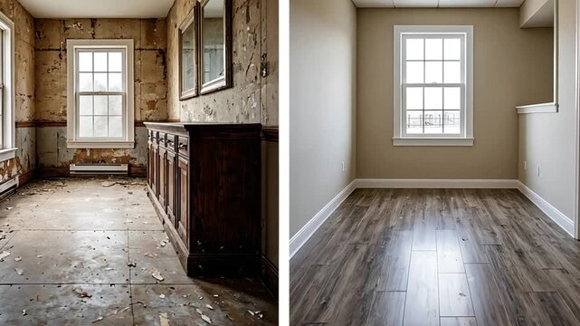 Empty room showing renovation before and after, transforming an old dilapidated space into a new clean modern interior