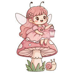 Cute Fairy Girl Sitting on Mushroom Watercolor Illustration