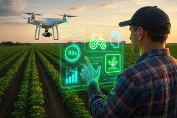 Farmer using augmented reality tablet to control drone over agricultural field with holographic data displays