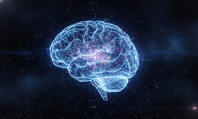 Futuristic digital brain with a glowing plexus network and neural activity, symbolizing artificial intelligence (AI), machine learning, deep learning, and advanced technology.