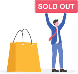 Businessman stands next to a money bag holding a hanging tag with sold out text illustration of take profit from business product sales sold out
