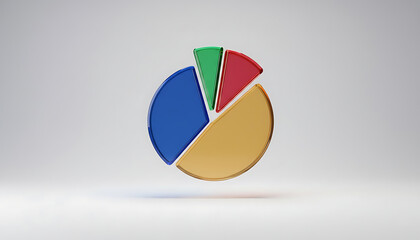 3D pie chart with four colorful glass segments, symbolizing business data, statistics, market share, and financial analysis on a minimalist white background.
