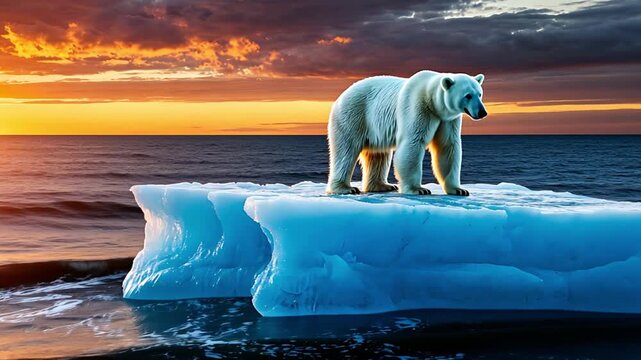 Polar bear standing on a small ice floe in the ocean, a dramatic sunset sky in the background, symbolizing climate change