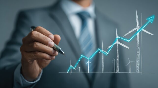 photo of businessman analyzing financial growth chart with rising arrow and wind turbine representing sustainable business development and green energy investment
