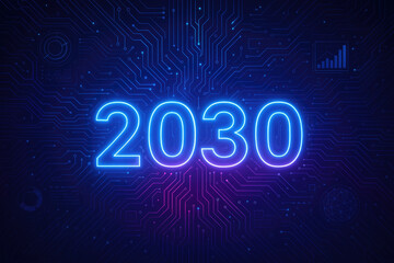 Futuristic 2030 glowing neon text on a digital circuit board background with data visualizations future