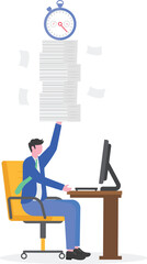 Businessman lifting a tall stack of papers with an alarm clock on top illustration of meeting deadlines to complete business work targets

