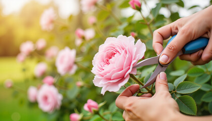 Hand pruning pink rose in garden during sunny afternoon  