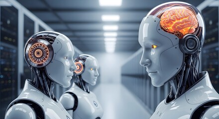 Futuristic robots with glowing brains in a data center
