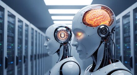 Two robots with glowing brains stand in a server room, representing artificial intelligence and advanced technology