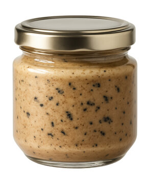 A glass jar of rich duck pate with truffle, perfect for dinner parties at home.