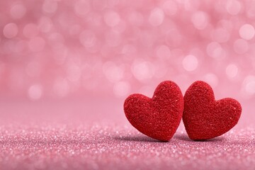 Fototapeta premium Red Heart Decorations Shining Against a Soft Pink Background for Romantic Occasions