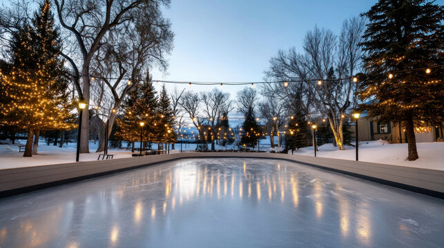 outdoor ice skating rink surrounded by trees and lights, with a clear sky above for text. Merry Christmas and Happy Holidays greeting card, frame, and banner. New Year. Noel. Winter Christmas theme. - Powered by Adobe
