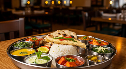 A traditional Indian thali meal served on a metal platter with various curries, rice, naan, and sides in a restaurant setting.