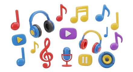 Colorful 3D rendered music and media player icon set with headphones, microphone, speaker, and various musical notes for web and app design