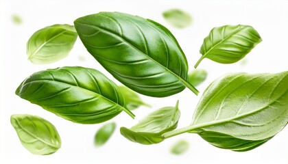 Obraz premium Fresh Basil Leaves In Air Isolated On White Background