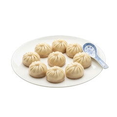 Steamed Dumplings on White Plate with Spoon isolated on a transparent background