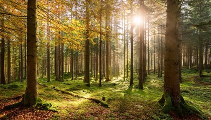 Obraz premium Autumn Forest Trees Nature Green Wood Sunlight Backgrounds