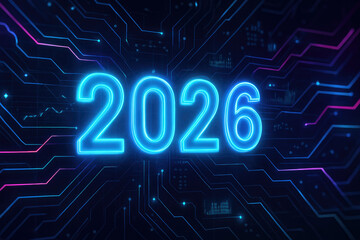Glowing neon 2026 numbers on a dark technological background with intricate circuit lines year