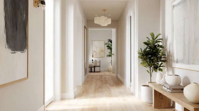 Bright modern hallway interior with wooden floor, natural light, and minimal Scandinavian home decor
