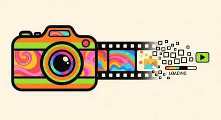 A colorful cartoon camera with a film strip that is dissolving into squares, a play button, and a loading bar