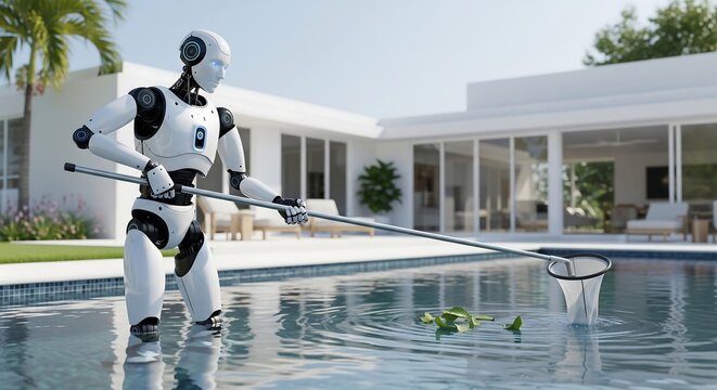 A futuristic humanoid robot stands in a luxurious swimming pool, cleaning the water with a net.