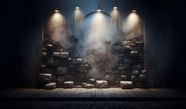 Raue, mysitsche Steinmauer bei Nacht mit Lichtspot, Wallpaper, copy space