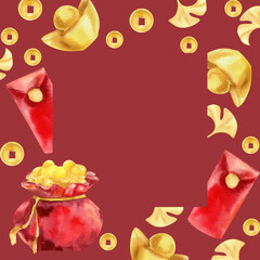 Chinese lunar calendar festive banner template with watercolor red bag with golden coins,envelops,ingot and gingko leaves illustration. Hand drawn Spring festival frame for poster, invitation design