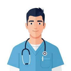 Fototapeta premium Friendly male doctor wearing blue scrubs and stethoscope isolated on transparent background