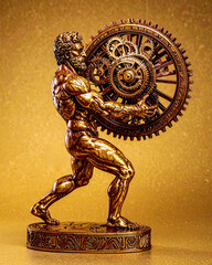 Bronze sculptures of a lion, angel, and man representing ancient culture and art in metal decoration