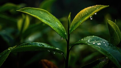 Dew-kissed tea leaves, vibrant green