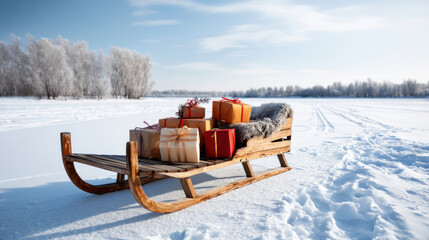A wooden sleigh filled with gifts in a snowy field, with space at the top for text. Merry Christmas and Happy Holidays greeting card, frame, and banner. New Year. Noel. Winter Christmas theme.