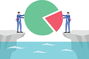two businessmen standing at opposite ends of a cliff lifting a giant pie chart together,
