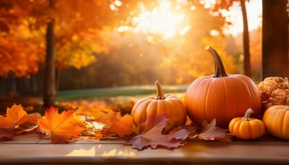 Pumpkins And Autumn Leaves Basking In Warm Sunlight Amidst A Tranquil Fall Setting