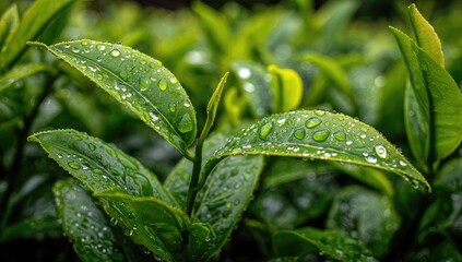 Fresh tea leaves covered in morning dew