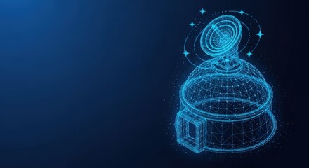 A digital wireframe satellite dish transmitting a signal