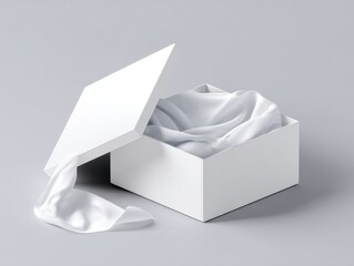 Elegant White Gift Box with Silky Fabric Interior Minimalist Presentation on Gray Background Luxury Packaging Unveiled Empty Space Product Display Mockup
