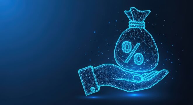 A digital wireframe hand holding a glowing money bag