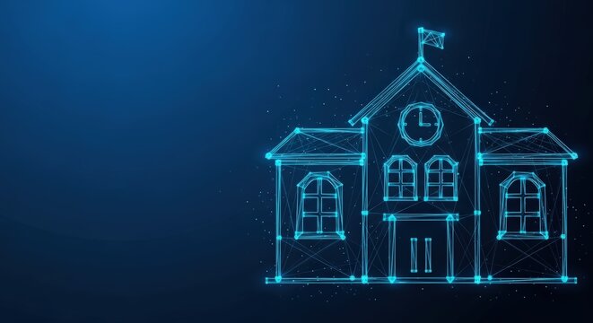 A futuristic school building shown as a glowing blue digital wireframe