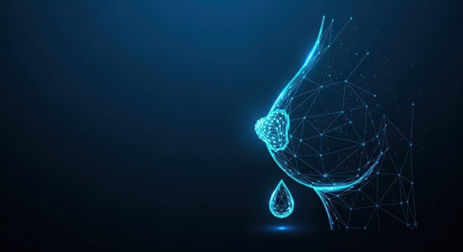 A futuristic wireframe illustration of a lactating breast