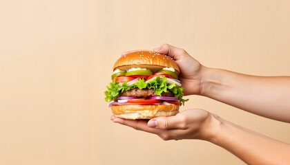 Hands holding a delicious burger with lettuce and tomato  