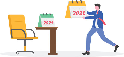 man wearing a party hat lifting a 2026 calendar to bring to a woman with a party hat standing near a 2025 calendar illustration of a new year celebration concept
