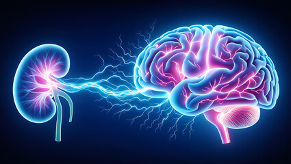 Brain and kidney connected by electric impulses, symbolizing the bodys interconnectedness on a dark background