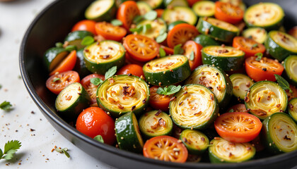 Freshly saut&eacute;ed zucchini and cherry tomatoes in a black bowl  