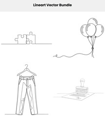 One Line Drawing Art with Puzzle, Balloons, Jeans on Hanger and Approved Stamp