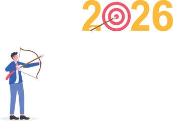 Man wearing a party hat running with an arrow aiming to hit a target board shaped like zero in the number 2026 illustration of appreciation for New Year 2026 celebration

