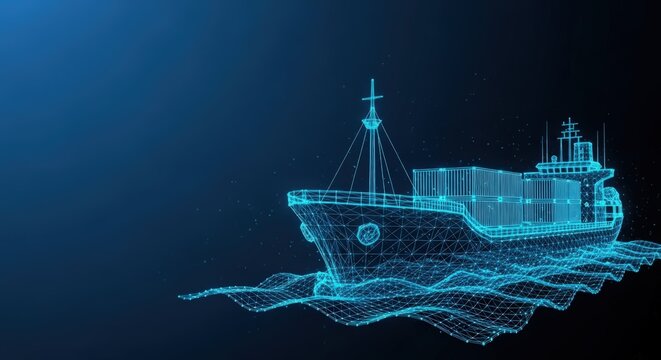 A glowing blue wireframe cargo ship sailing on a digital sea