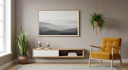 Modern Living Room with Mid-Century Accent Chair and Minimalist Media Console.